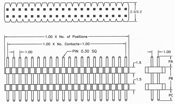 BL1615-22XXS series, double-row straight pin headers, double insulator, on PCB for mounting holes, pitch 1.00 mm, Board-to-Board connectors, pin headers and sockets for them > pitch 1.00 mm