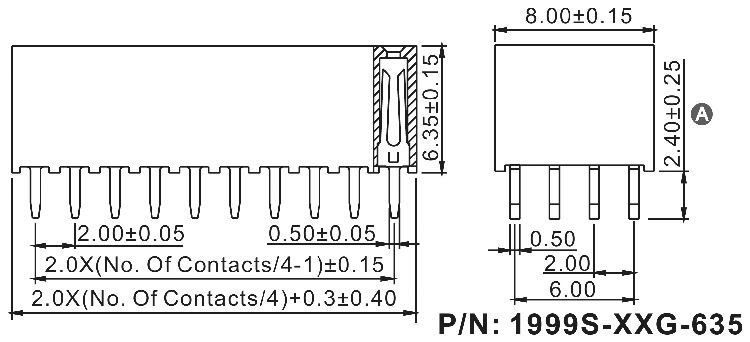 1999S-XXXG-635 series, four-row sockets straight to the Board for mounting holes, pitch 2,0x2,0 mm, Board-to-Board connectors, pin headers and sockets > pitch 2,0x2,0 mm