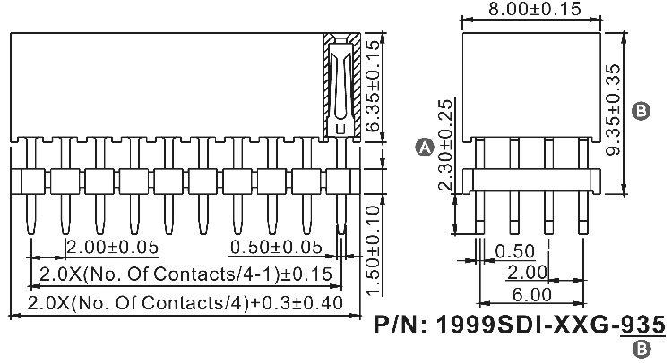 1999SDI-XXXG-935 series, four-row sockets straight to the Board for mounting holes, pitch 2,0x2,0 mm, Board-to-Board connectors, pin headers and sockets > pitch 2,0x2,0 mm