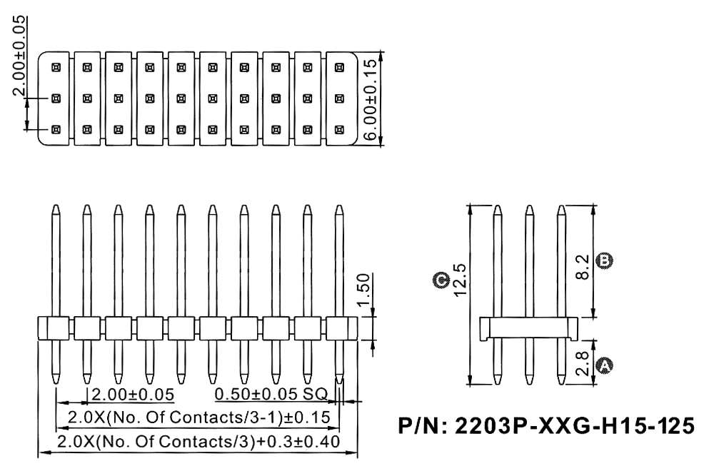 2203P-XXXG-H15-125 series, plugs pin open straight three-row on Board for mounting in holes, pitch 2,0x2,0 mm, Board-to-Board connectors, pin headers and sockets > pitch 2,0x2,0 mm