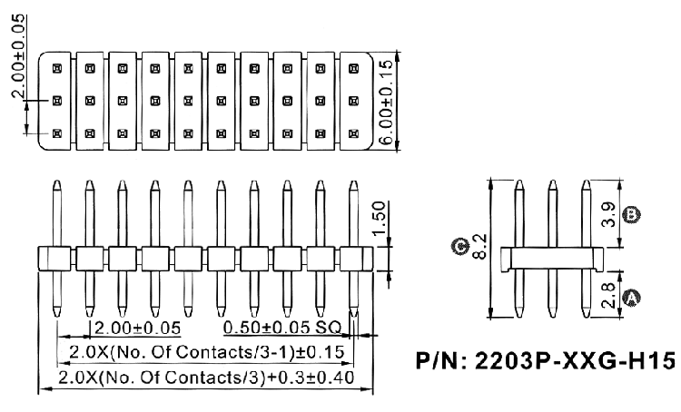 2203P-XXXG-H15-82 series, plugs pin open straight three-row on Board for mounting in holes, pitch 2,0x2,0 mm, Board-to-Board connectors, pin headers and sockets > pitch 2,0x2,0 mm