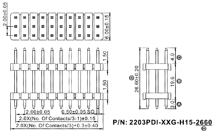 2203PDI-XXG-H15-2660 series, plugs pin open straight three-row with double insulator on Board for mounting in holes, pitch 2,0x2,0 mm, Board-to-Board connectors, pin headers and sockets > pitch 2,0x2,0 mm