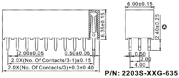 2203S-XXG-635 series, three-row sockets straight to the Board for mounting holes, pitch 2,0x2,0 mm, Board-to-Board connectors, pin headers and sockets > pitch 2,0x2,0 mm