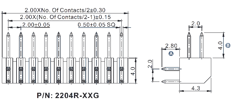 2204R-XXG-XXXX series, fork pin double row open angular cost, with increased facility and mounting hole, pitch 2,0x2,0 mm, Board-to-Board connectors, pin headers and sockets > pitch 2,0x2,0 mm