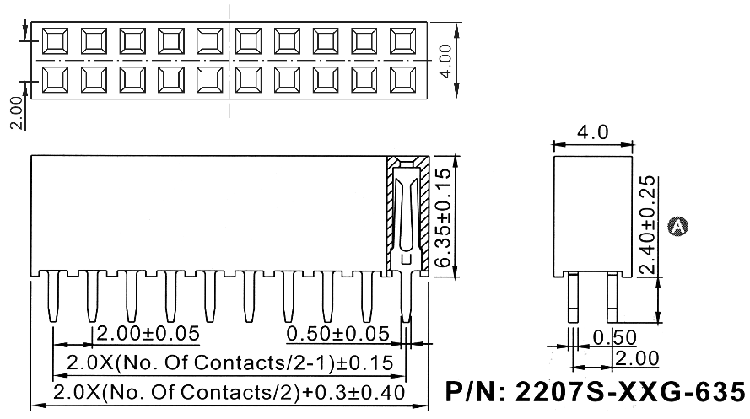 2207S-XXG-635 series, sockets, straight, double-row, for mounting in holes, pitch 2,0x2,0 mm, Board-to-Board connectors, pin headers and sockets > pitch 2,0x2,0 mm