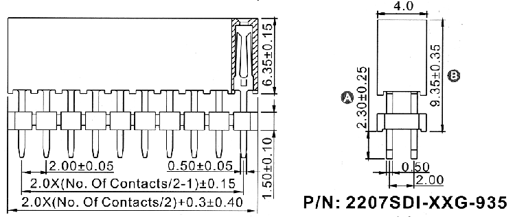 2207SDI-XXG-935 series, straight double-row sockets with increased insulator on the Board for mounting in holes, pitch 2,0x2,0 mm, Board-to-Board connectors, pin headers and sockets > pitch 2,0x2,0 mm