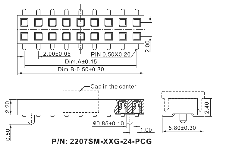 2207SM-XXSG-24-PCG series, straight double row socket with a guide to the cost for surface (SMD) mounting, pitch 2,0x2,0 mm, Board-to-Board connectors, pin headers and sockets > pitch 2,0x2,0 mm