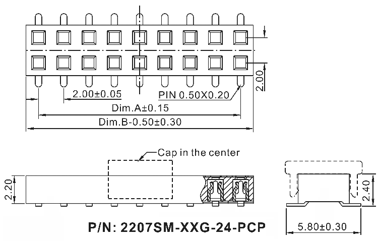 2207SM-XXSG-24-PCP series, straight double row socket with a guide to the cost for surface (SMD) mounting, pitch 2,0x2,0 mm, Board-to-Board connectors, pin headers and sockets > pitch 2,0x2,0 mm