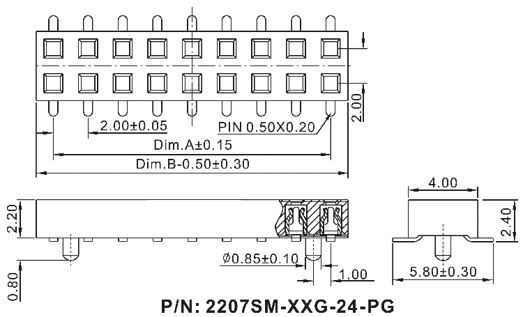2207SM-XXSG-24-PG series, straight double row socket with a guide to the cost for surface (SMD) mounting, pitch 2,0x2,0 mm, Board-to-Board connectors, pin headers and sockets > pitch 2,0x2,0 mm