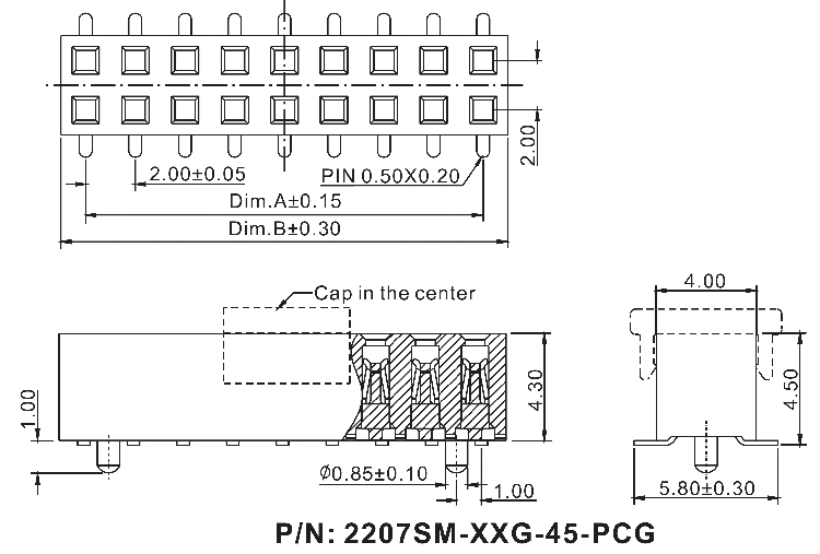 2207SM-XXSG-45-PCG series, straight double row socket with a guide to the cost for surface (SMD) mounting, pitch 2,0x2,0 mm, Board-to-Board connectors, pin headers and sockets > pitch 2,0x2,0 mm