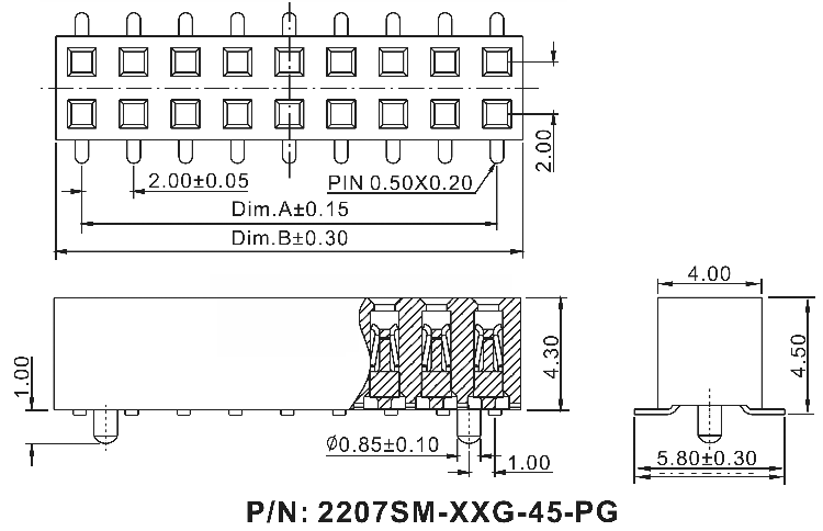2207SM-XXSG-45-PG series, straight double row socket with a guide to the cost for surface (SMD) mounting, pitch 2,0x2,0 mm, Board-to-Board connectors, pin headers and sockets > pitch 2,0x2,0 mm