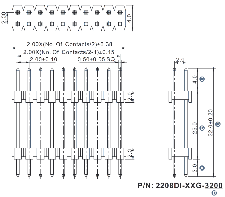 2208DI-XXG-3200 series, plugs pin open straight double row with double insulator on Board for mounting in holes, pitch 2,0x2,0 mm, Board-to-Board connectors, pin headers and sockets > pitch 2,0x2,0 mm