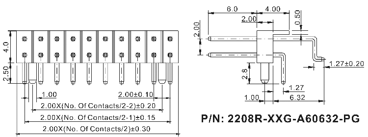 2208R-XXG-A60632-PG series, plug open double row angular pin with the guides for a fee for installation in a hole and SMD, pitch 2,0x2,0 mm, Board-to-Board connectors, pin headers and sockets > pitch 2,0x2,0 mm