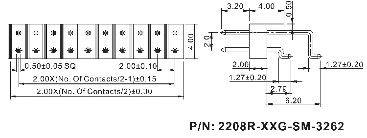 2208R-XXG-SM-XXXX series, plugs, pin, open angle, double row, for surface mounting (SMD) , pitch 2,0x2,0 mm, Board-to-Board connectors, pin headers and sockets > pitch 2,0x2,0 mm