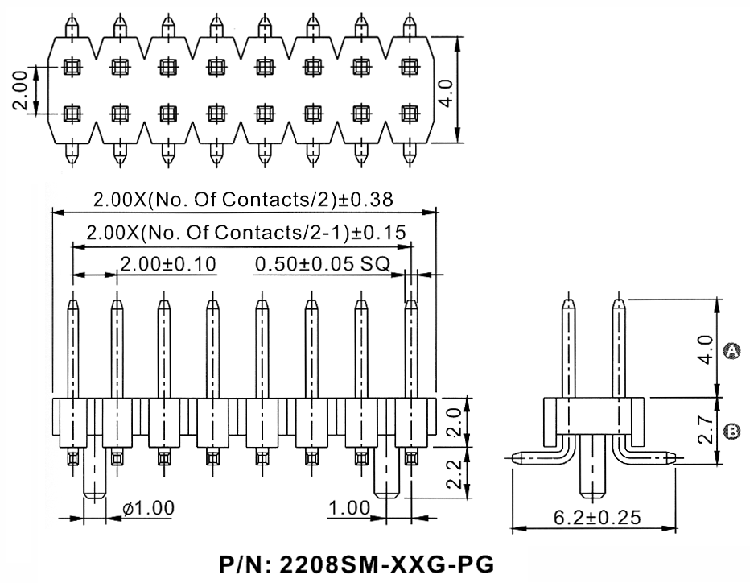 2208SM-XXG-XXXX-PG series, plugs pin open straight two-row with guides on the Board for surface (SMD) mounting, pitch 2,0x2,0 mm, Board-to-Board connectors, pin headers and sockets > pitch 2,0x2,0 mm