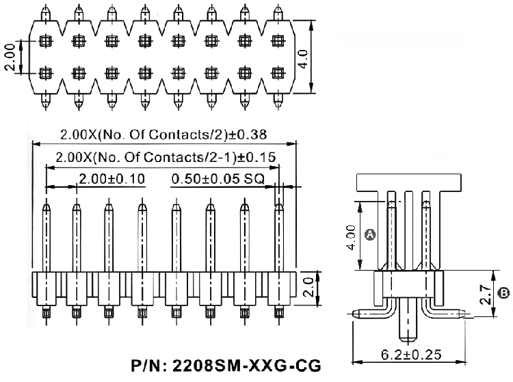 2208SM-XXG-XXXX-CG series, plugs pin open straight two-row with guides on the Board for surface (SMD) mounting with capture, pitch 2,0x2,0 mm, Board-to-Board connectors, pin headers and sockets > pitch 2,0x2,0 mm