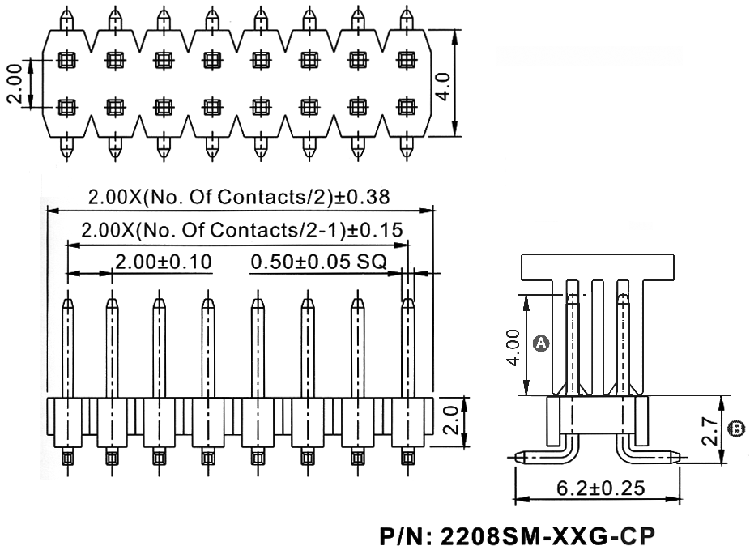2208SM-XXG-XXXX-CP series, plugs pin header straight double row open on the Board for surface (SMD) mounting with a grip, pitch 2,0x2,0 mm, Board-to-Board connectors, pin headers and sockets > pitch 2,0x2,0 mm