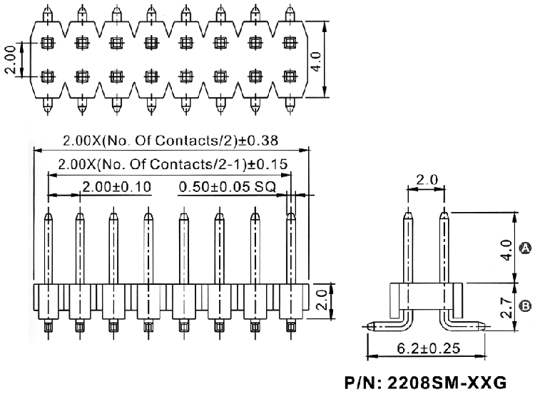 2208SM-XXG-XXXX (PLD2-xxSMD) series, plugs pin open straight double row on Board for surface (SMD) mounting, pitch 2,0x2,0 mm, Board-to-Board connectors, pin headers and sockets > pitch 2,0x2,0 mm