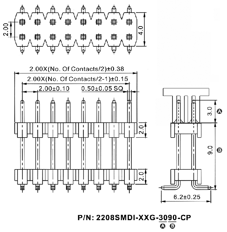 2208SMDI-XXG-XXXX-CP series, plugs pin open straight double row with double insulator on Board for surface (SMD) mounting with gripper, pitch 2,0x2,0 mm, Board-to-Board connectors, pin headers and sockets > pitch 2,0x2,0 mm