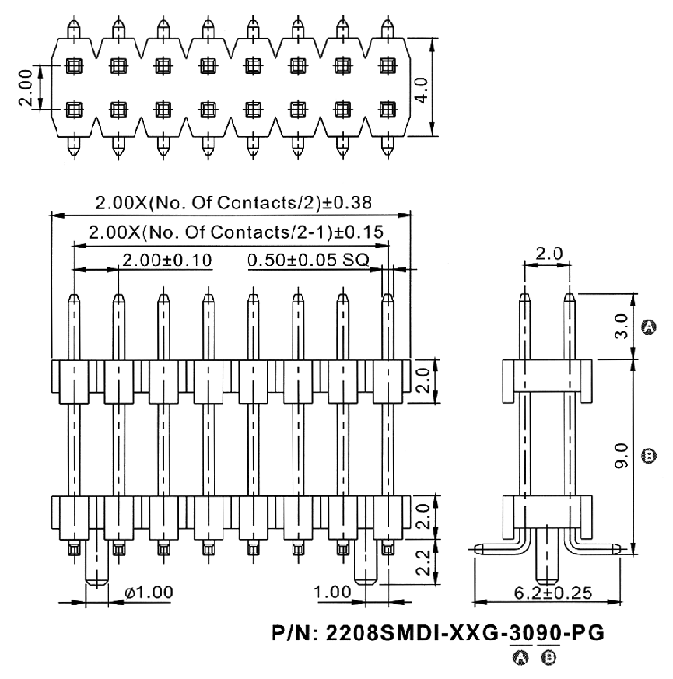 2208SMDI-XXG-XXXX-PG series, plugs pin open straight double row double insulator with guides on the Board for surface (SMD) mounting, pitch 2,0x2,0 mm, Board-to-Board connectors, pin headers and sockets > pitch 2,0x2,0 mm