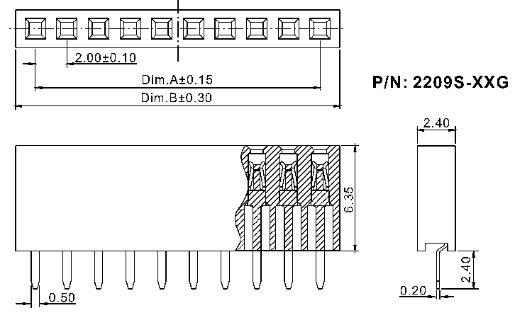 2209S-XXG-635 series, socket single row straight pin header on the Board for mounting holes, pitch 2,0 mm, Board-to-Board connectors, pin headers and sockets > pitch 2,0 mm