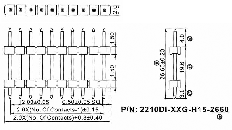 2210DI-XXG-H15-XXXX series, open the plug pin straight single row double insulator on the Board for mounting holes, pitch 2,0 mm, Board-to-Board connectors, pin headers and sockets > pitch 2,0 mm
