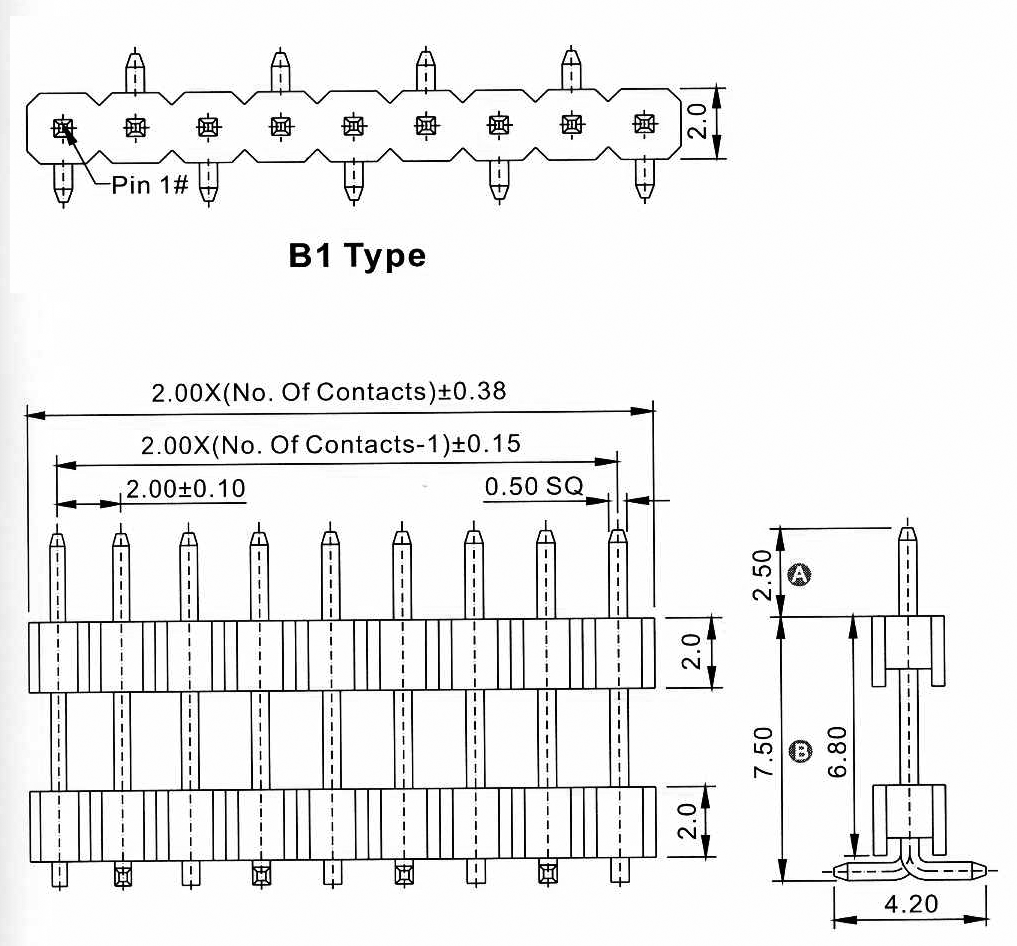 2210SMDI-XXG-B1-XXXX series, open the plug pin straight single row double insulator onto the charge for surface (SMD) mounting, pitch 2,0 mm, Board-to-Board connectors, pin headers and sockets > pitch 2,0 mm