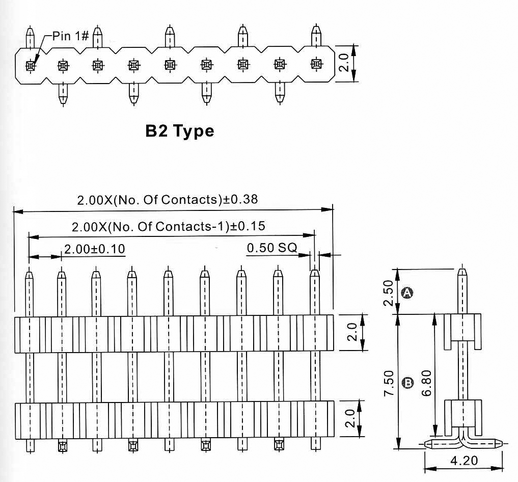 2210SMDI-XXG-B2-XXXX series, open the plug pin straight single row double insulator onto the charge for surface (SMD) mounting, pitch 2,0 mm, Board-to-Board connectors, pin headers and sockets > pitch 2,0 mm
