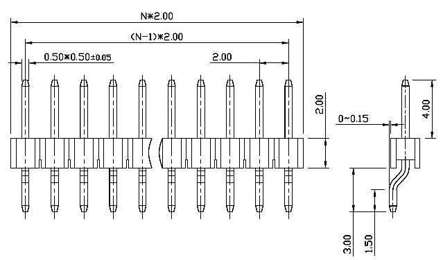 DS1025-04-XX series, plugs, pin, open, single row, for surface mounting (SMD) , pitch 2,0 mm, Board-to-Board connectors, pin headers and sockets > pitch 2,0 mm