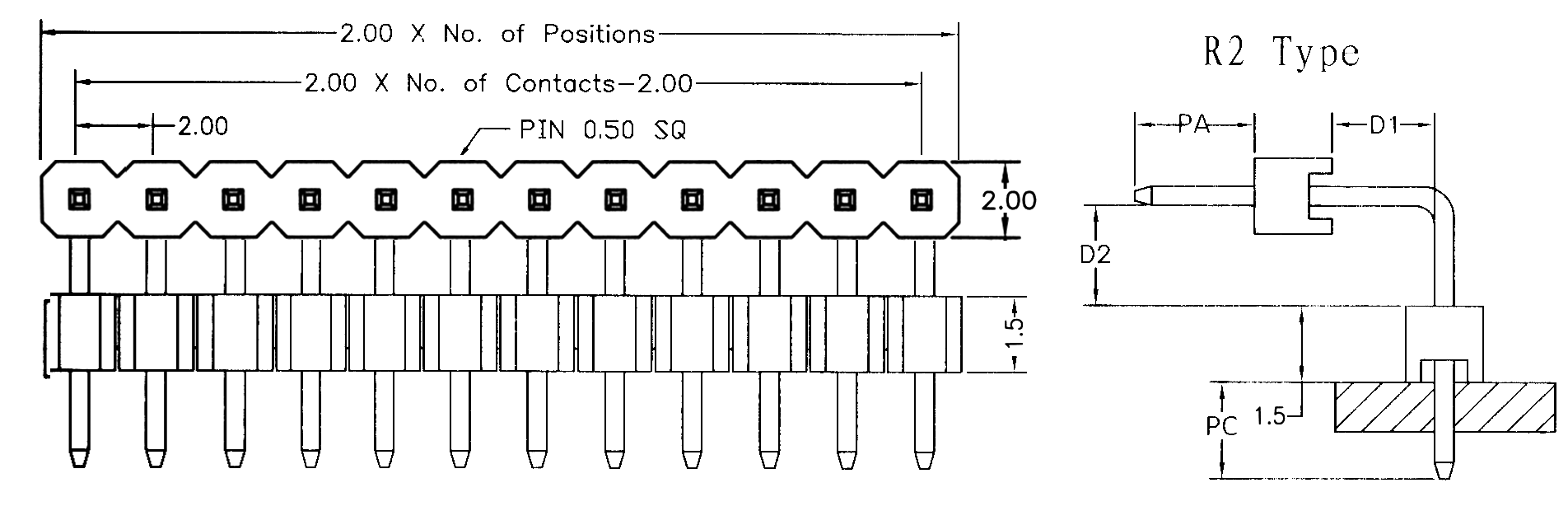 BL1315-21xxR2-1.5 series, single-row pin plugs with double insulator corner, pitch 2,0 mm, Board-to-Board connectors, pin headers and sockets > pitch 2,0 mm