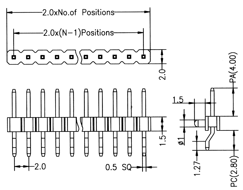 BL1315-11xxZ-PG-1.5 series, single-row pin plugs for surface mounting (SMD) horizontal with guides in the Board, pitch 2,0 mm, Board-to-Board connectors, pin headers and sockets > pitch 2,0 mm