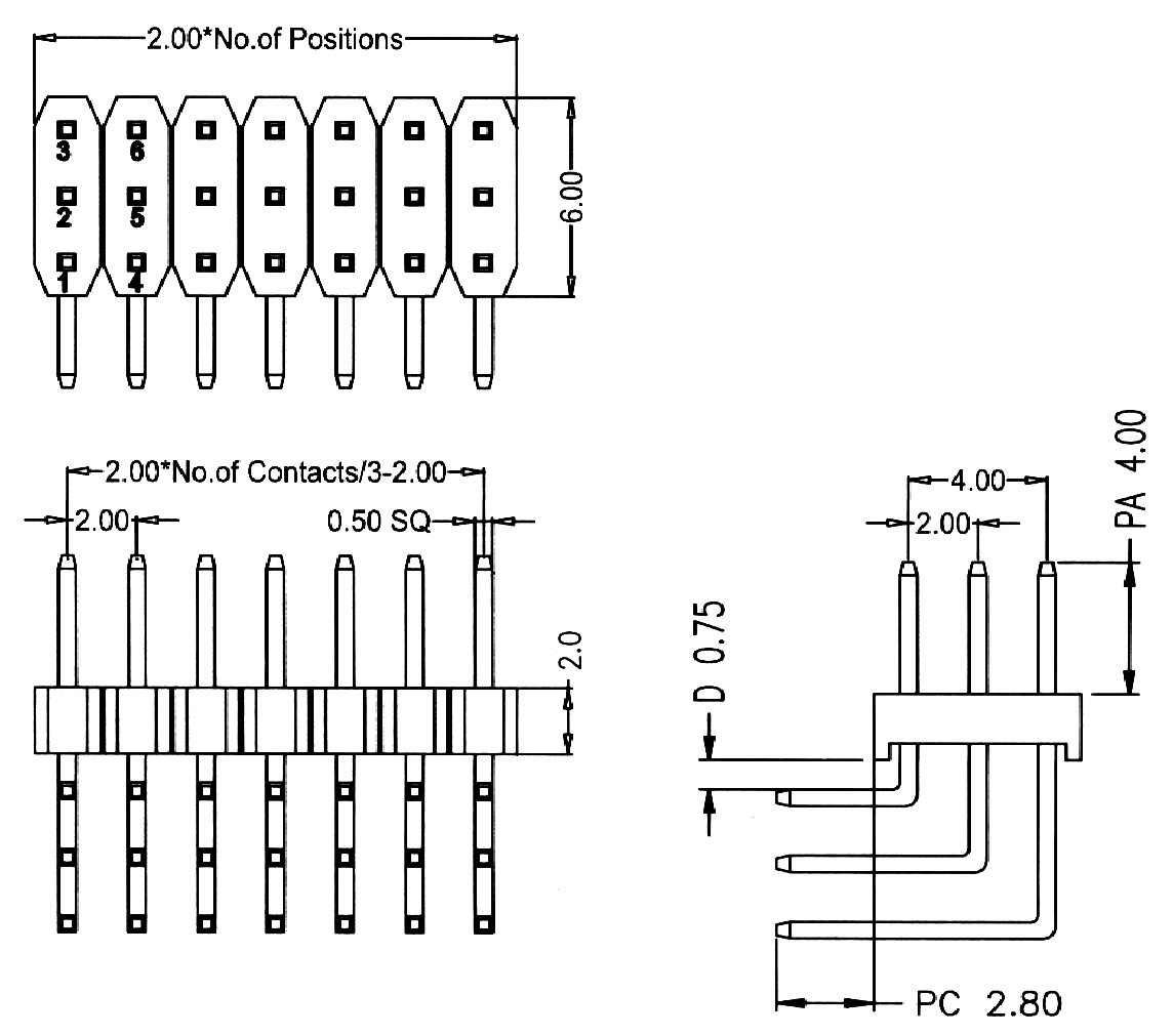 BL1320-13xxR-2.0 series, plugs, three-row, angular, pitch 2,0x2,0 mm, Board-to-Board connectors, pin headers and sockets > pitch 2,0x2,0 mm