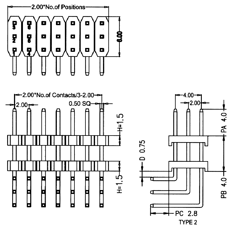 BL1315-23xxR2-1.5 series, plugs pin three-row angular with a double insulator angular, pitch 2,0x2,0 mm, Board-to-Board connectors, pin headers and sockets > pitch 2,0x2,0 mm