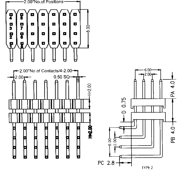 BL1320-24xxR2-2.0 series, plugs pin four-row angular with a double insulator angular, pitch 2,0x2,0 mm, Board-to-Board connectors, pin headers and sockets > pitch 2,0x2,0 mm