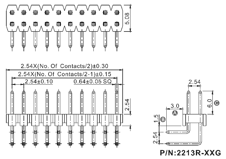 2213R-XXG-XXXXXX (PLD-XXR) series, pin headers angled double row on Board for mounting in holes, pitch 2,54x2,54 mm, Board-to-Board connectors, pin headers and sockets > pitch 2,54x2,54 mm