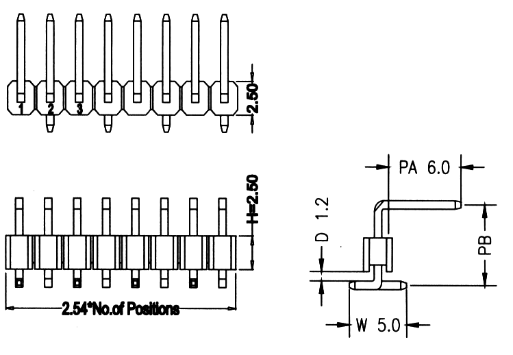 BL1217-11xxM3 series, single row SMD angled pin headers, type 2, pitch 2,54 mm, Board-to-Board connectors, pin headers and sockets > pitch 2,54 mm