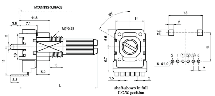 R1113G-_D1-, Rotary Potentiometers 11 mm
