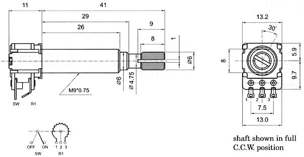 R121ES-1B1-, Rotary Potentiometers 12 mm