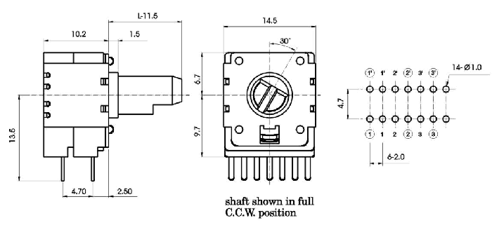 R1426G-_A1-, Rotary Potentiometers 14 mm