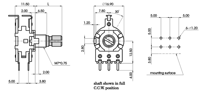 R1610T-_A1-, Rotary Potentiometers 16 mm