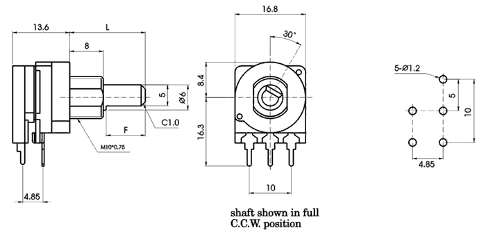 R16P2S-1A1, Rotary Potentiometers 16 mm