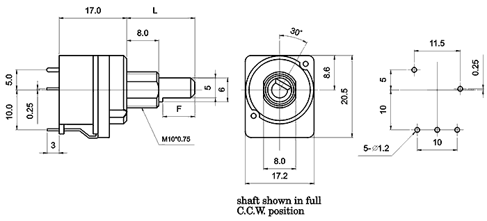 R16P2S-_D1-, Rotary Potentiometers 16 mm