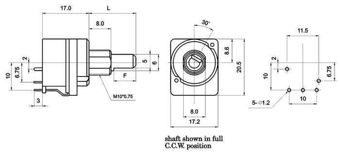 R16P2S-_D3-, Rotary Potentiometers 16 mm