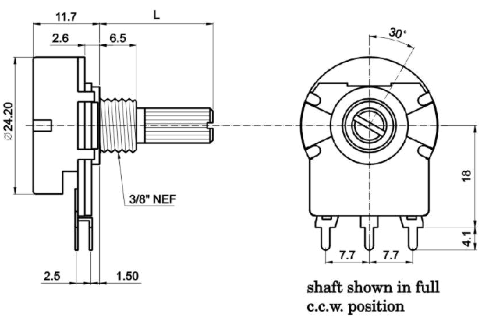 R2415N-_A1-, Rotary Potentiometers 24 mm, Резисторы переменные (потенциометры) роторного Typeа 24 mm