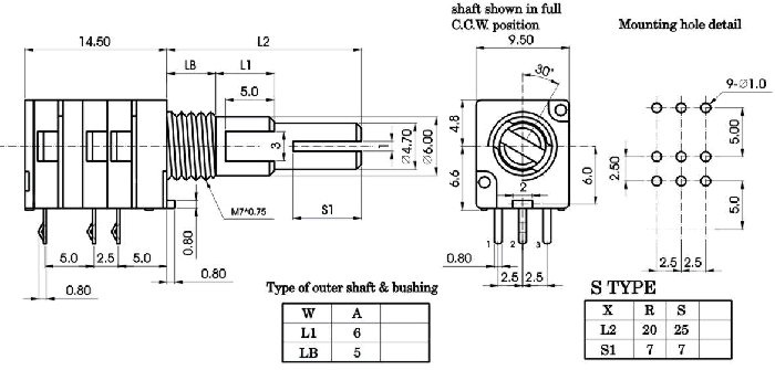 RG93_G-_A1-, Rotary Potentiometers 9 mm